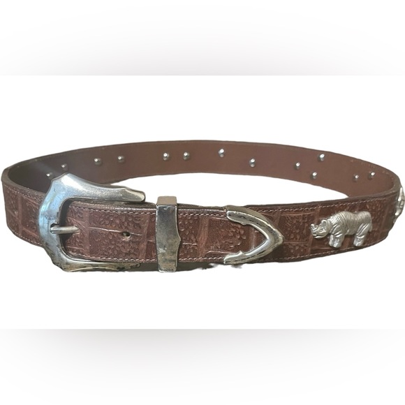 HONEST BY BRIGHTON Brown CROC EMBOSSED Leather Belt with Silver Animals size 28 main image 6